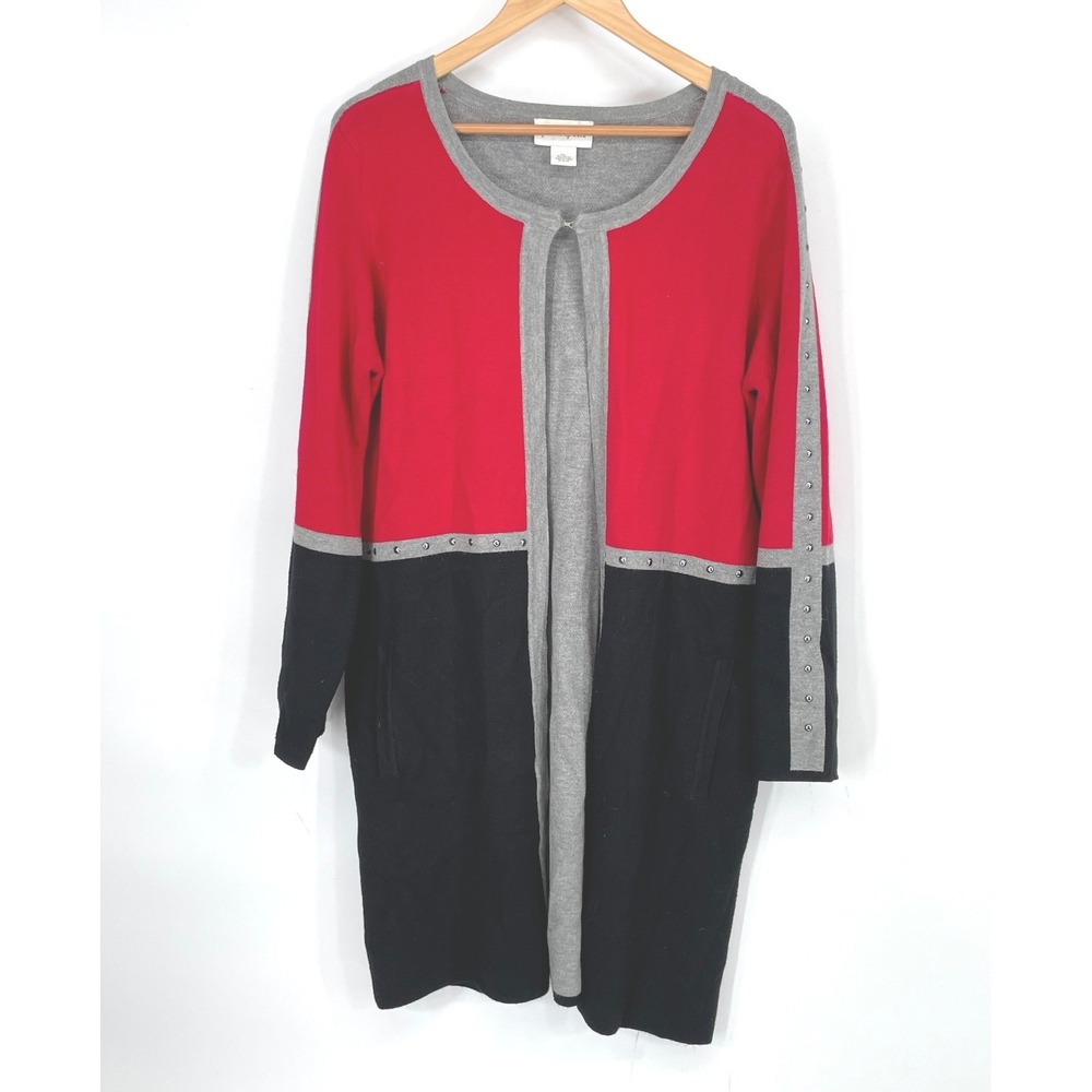 Peck & Peck Womens XL Open Cardigan Red Colorblock Studded Duster Sweater